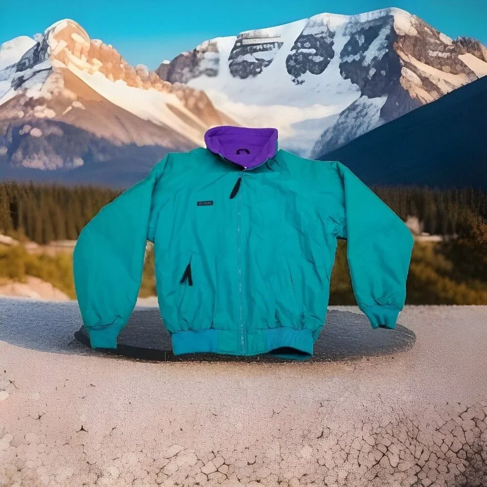 ✅Mens L VTG Columbia Jacket Teal Fleece Lined Retro Y2K Winter Ski Coat *STAIN - Picture 1 of 15
